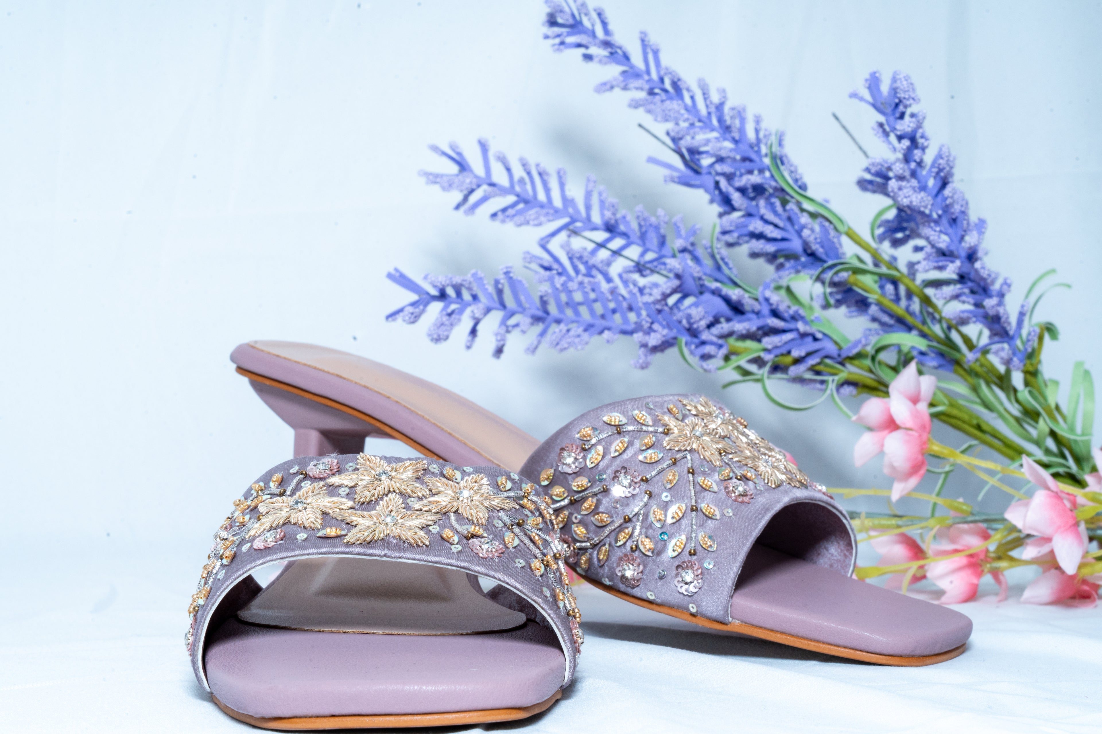 Lavender Sequins Embroidered Block Heel Slides