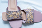 Lavender Sequins Embroidered Block Heel Slides