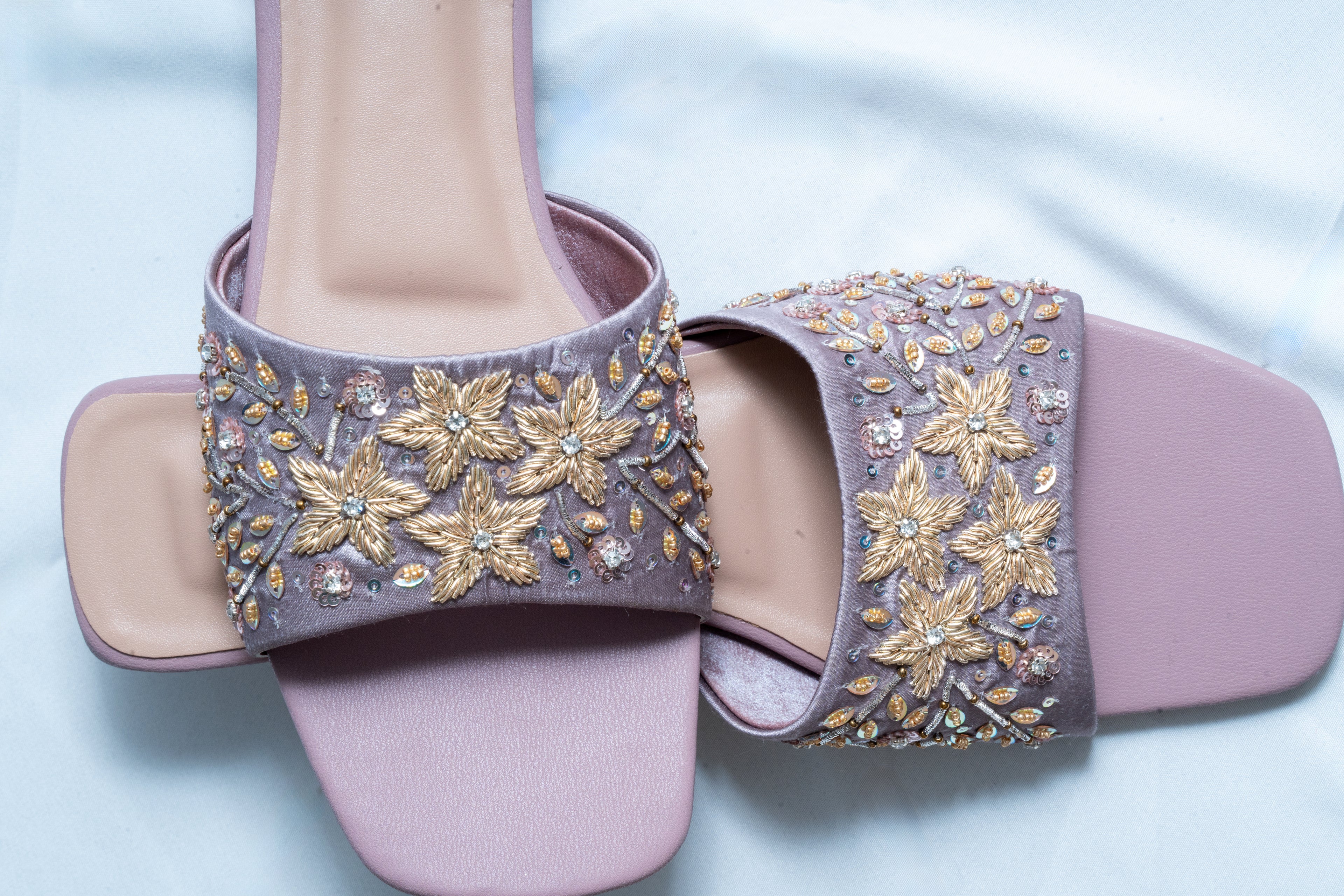 Lavender Sequins Embroidered Block Heel Slides