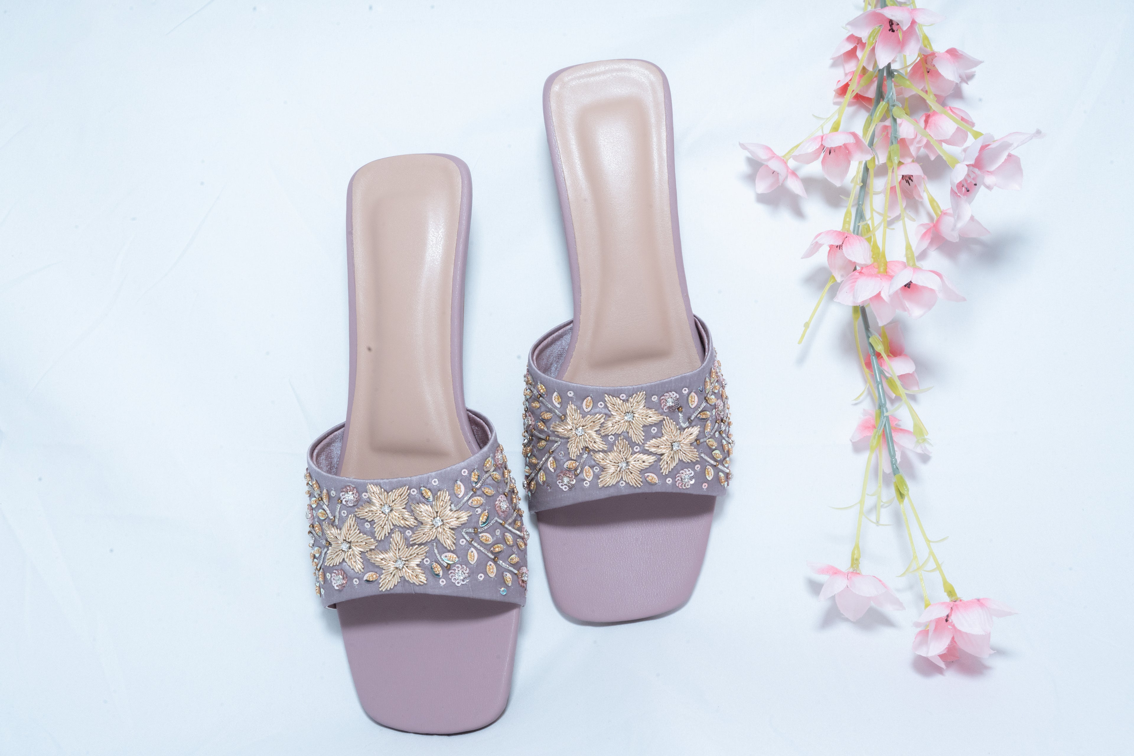 Lavender Sequins Embroidered Block Heel Slides