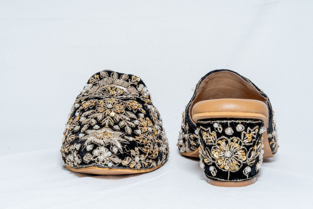 Noor Black Embroidered Mule Heels