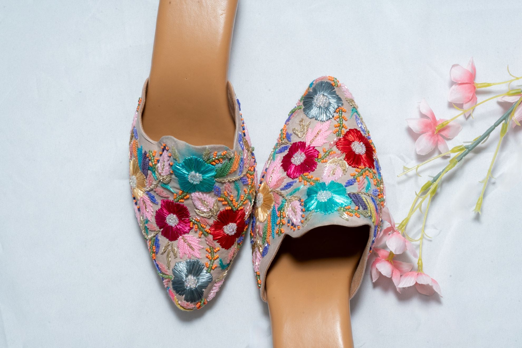 Bloom Beige Floral Mule Heels