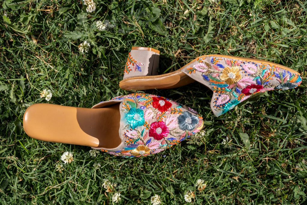 Bloom Beige Floral Mule Heels