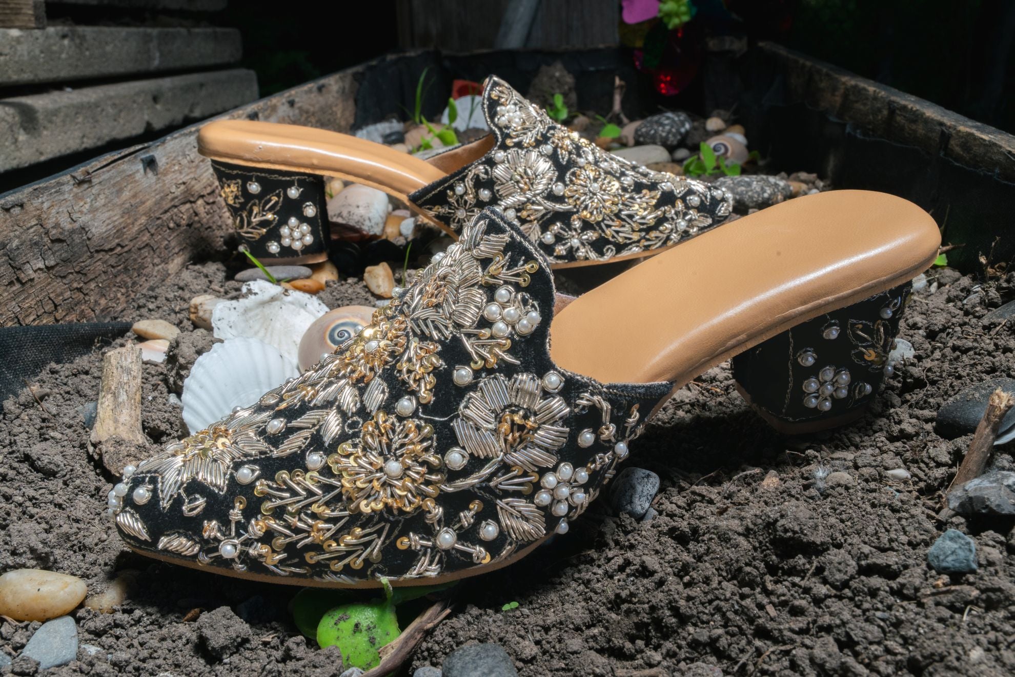 Noor Black Embroidered Mule Heels