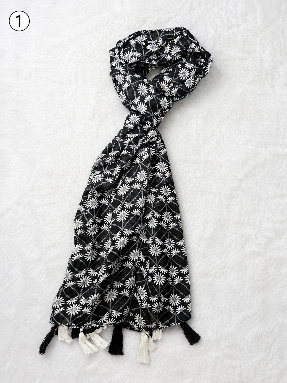 Monochrome Printed Tassel Scarf