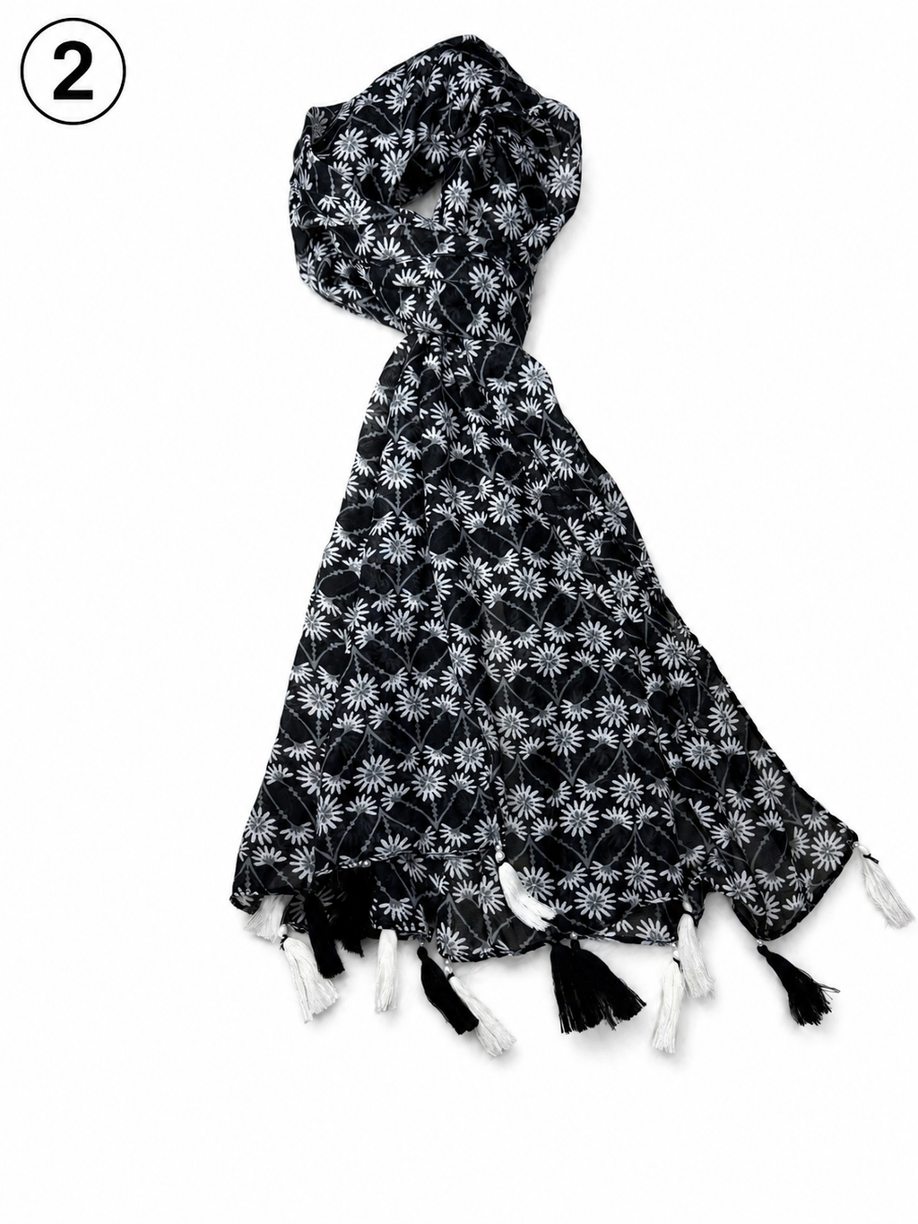 Monochrome Printed Tassel Scarf