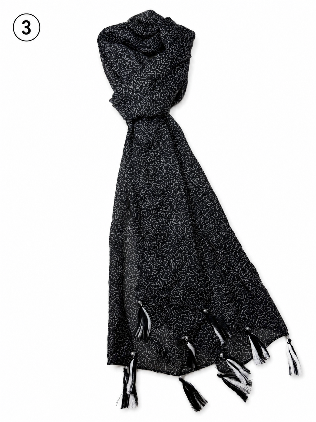Monochrome Printed Tassel Scarf