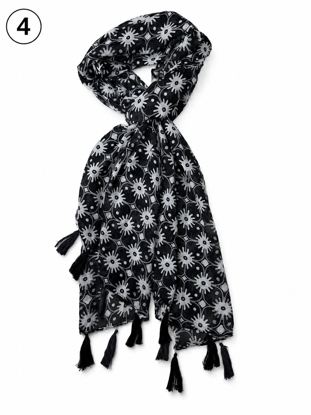 Monochrome Printed Tassel Scarf