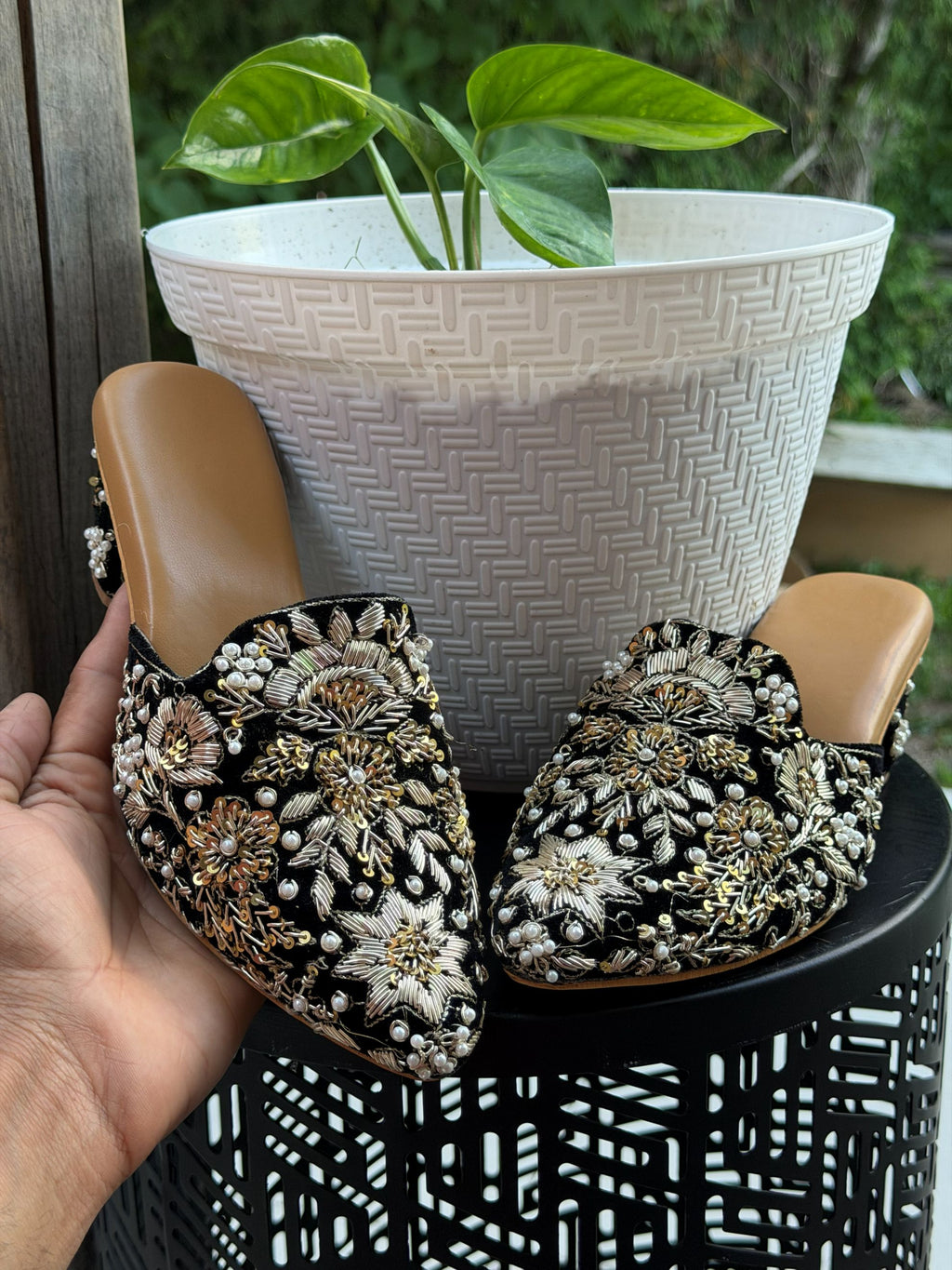 Noor Black Embroidered Mule Heels