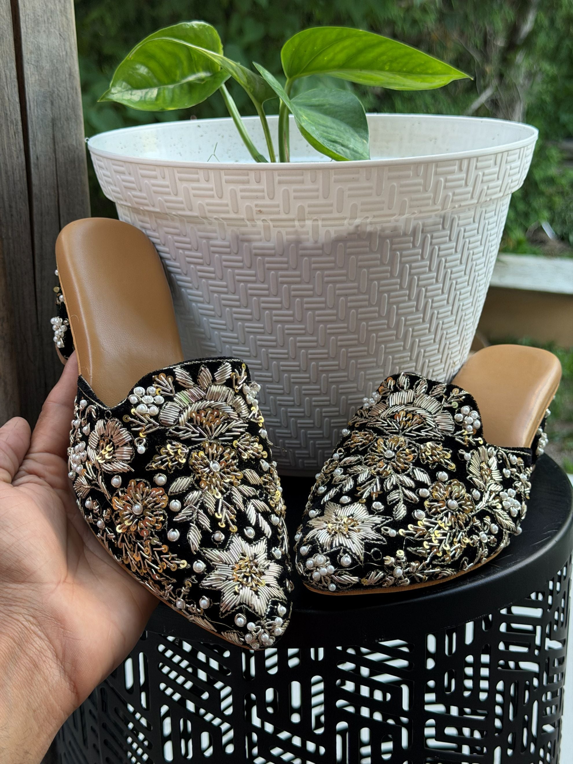 Noor Black Embroidered Mule Heels