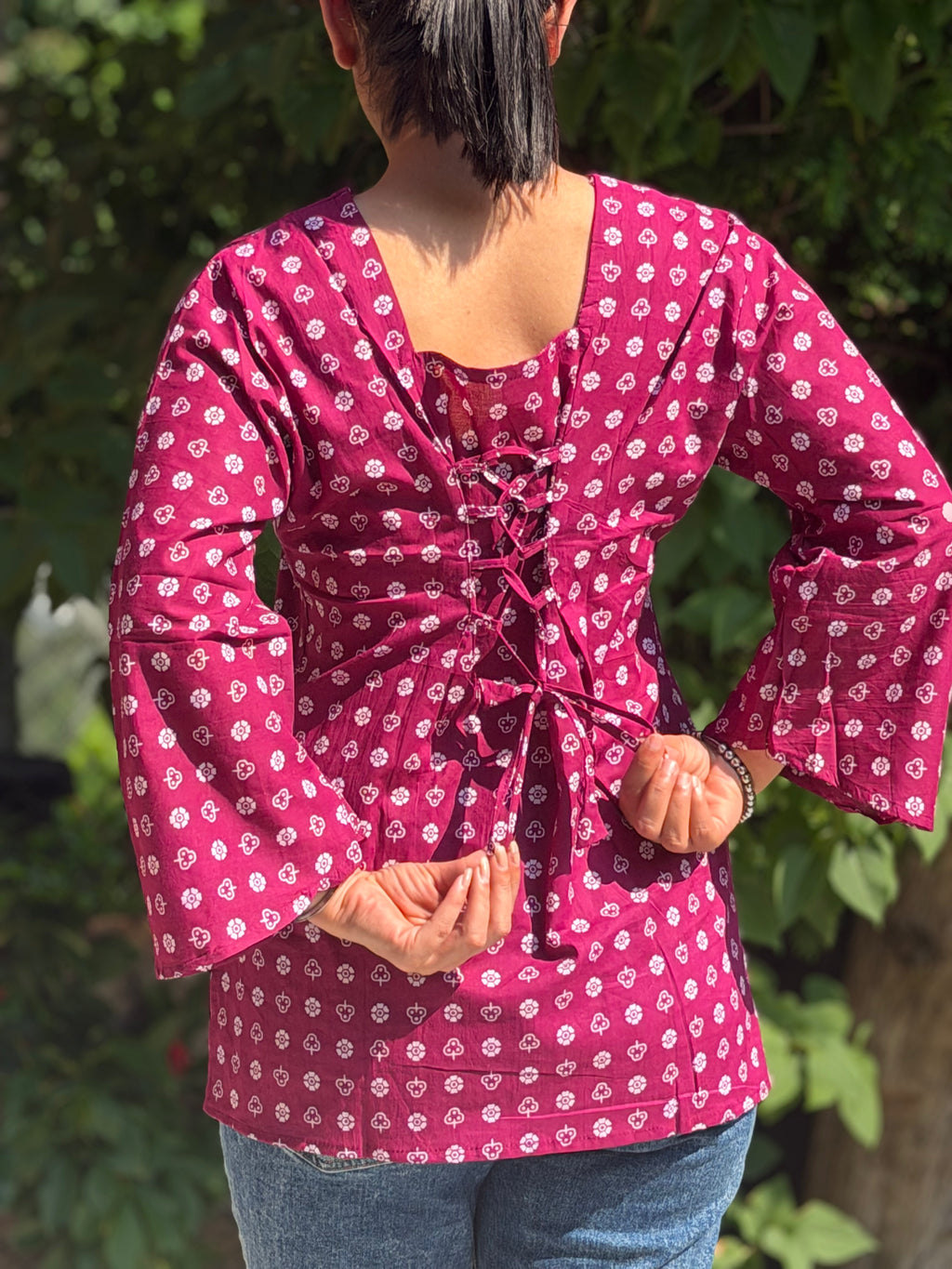 Deep Pink Printed Cotton Tie- Back Kurti