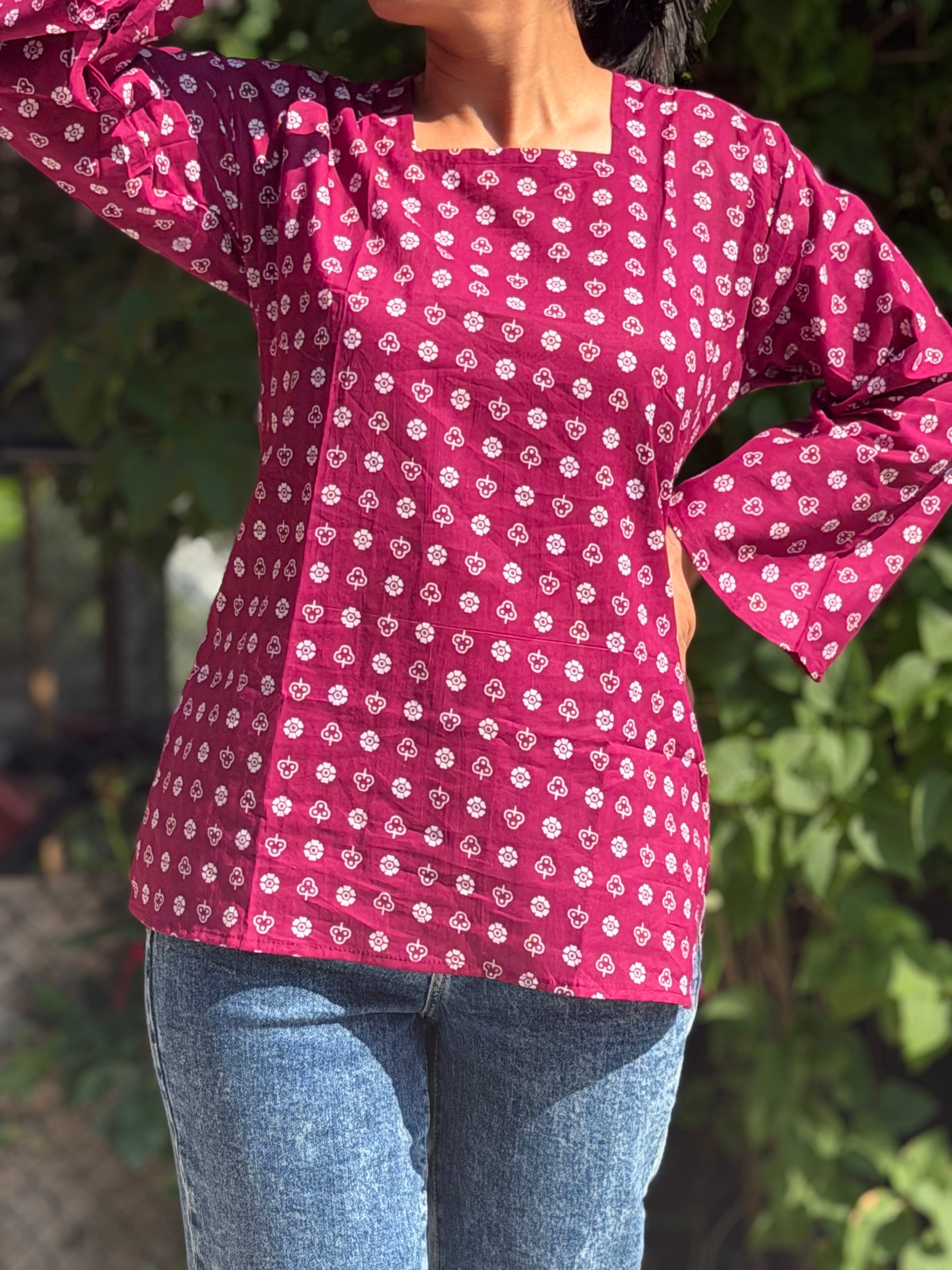 Deep Pink Printed Cotton Tie- Back Kurti