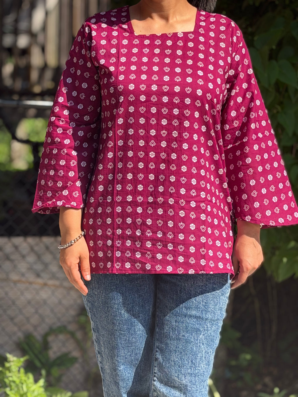 Deep Pink Printed Cotton Tie- Back Kurti