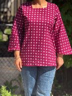 Deep Pink Printed Cotton Tie- Back Kurti