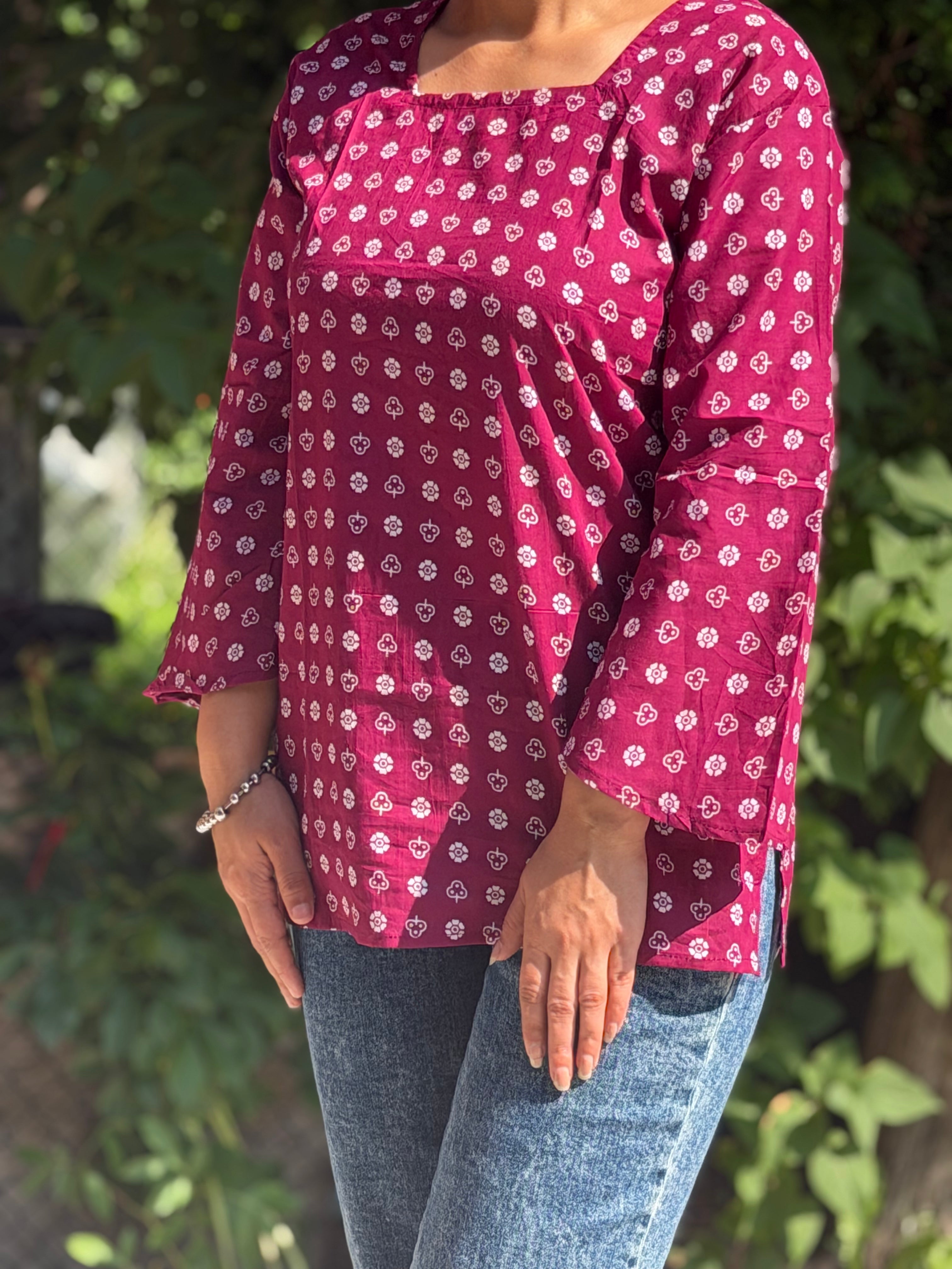 Deep Pink Printed Cotton Tie- Back Kurti